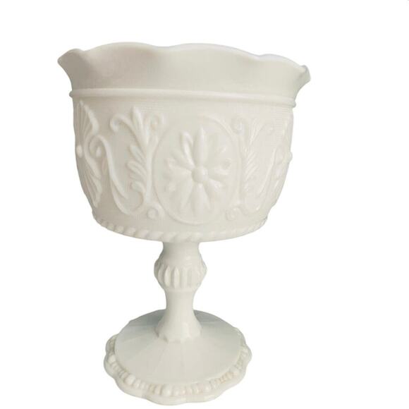 Milk Glass Compote Bowl Planter Candy Dish Scrolled Floral Motif Indiana Glass - Picture 1 of 7